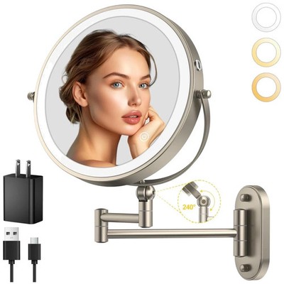 Wall Mounted Lighted Makeup Mirror with Magnification, 9-Inch 1X/10X Wall Mount