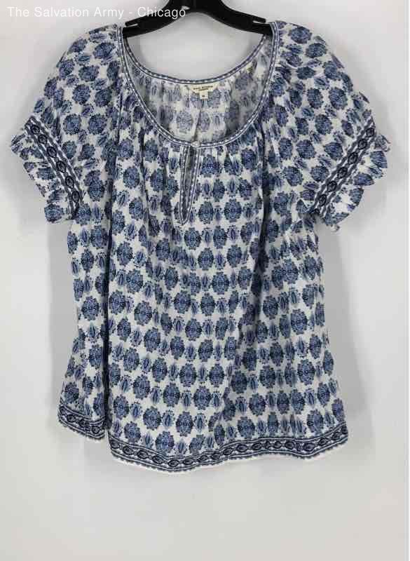 Max Studio Womens Blue Floral Scoop Neck Short Sleeve Blouse Top Size XL