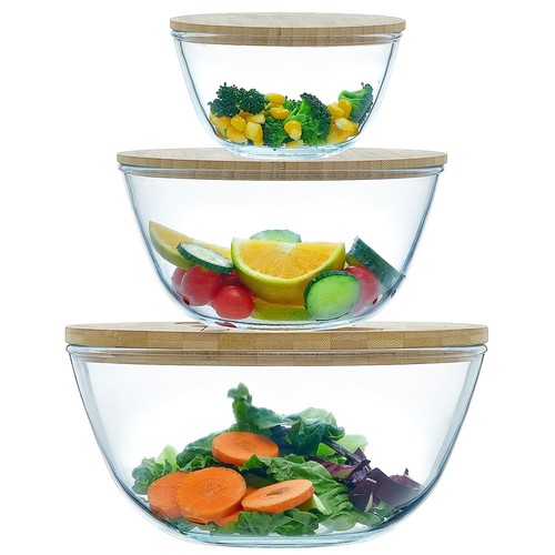 Glas Salatschüsseln mit Bambusdeckel & Utensilien 3er Set, Große Kapazität Servier...