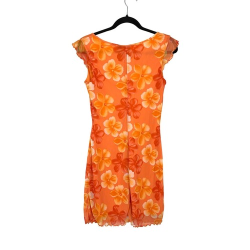 VTG Y2K Mini Dress Juniors Sz S Orange Red Tropical Floral Print Coconut Girl - Picture 4 of 4