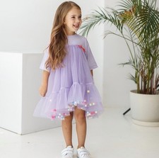 Lacy Lilac Tutu Dress for Toddler Girls - Pom-Pom Detail - Size 2-4Y - CLEARANCE