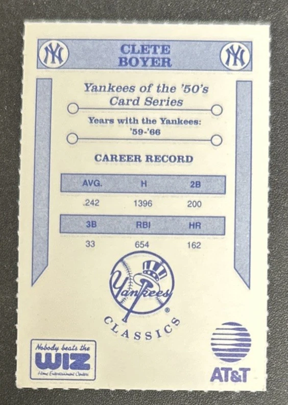 Tarjeta de béisbol 1992 The Wiz/AT&T Yankees Of The 50’s Clete Boyer #sin usar en muy buen estado o/c Foto 2 de 2