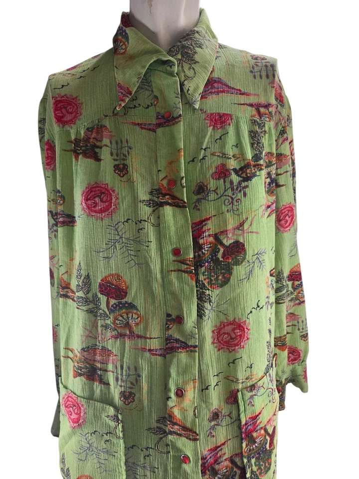 Vestido Feminino Vintage Grande Vintage Verde Anos 70 Boho Western Camisa Botão de Pressão - Imagem 2 de 4