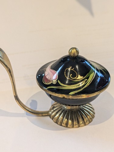 Vintage Black Enamel And Brass Table wear Dispenser With Pink And Green Flower - Picture 13 of 14