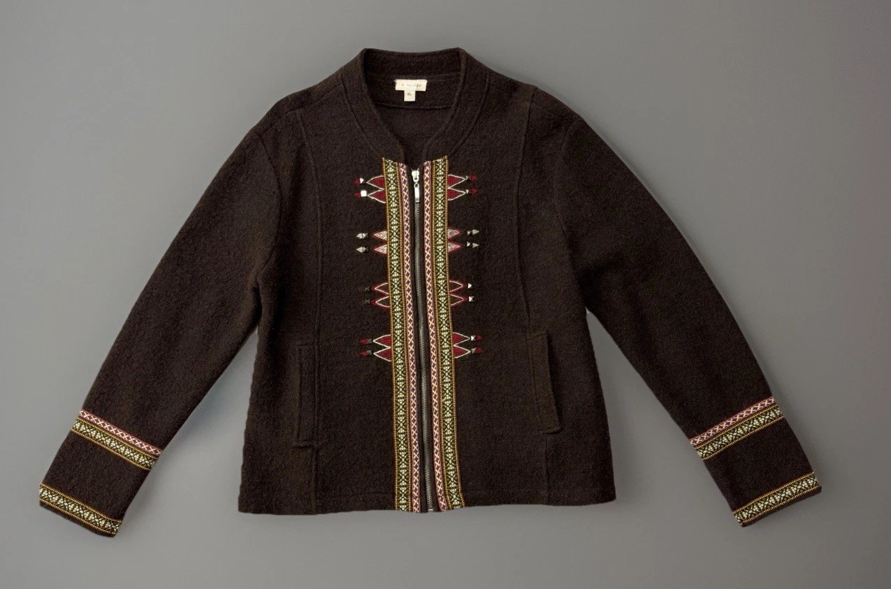 Venario Boiled Wool Jacket Brown Nordic Embroidered Full Zip Cardigan Womens XL