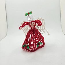 Vintage Handmade Beaded Christmas Angel Figurine Red/Clear Beads Holly Accents