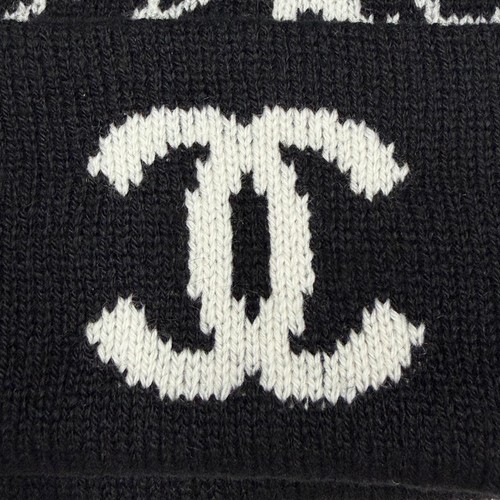 AUTH CHANEL CASHMERE COCO MARK CAMELLIA BEANIE BLACK WHITE MADE IN UK WOMEN'S - Picture 7 of 10