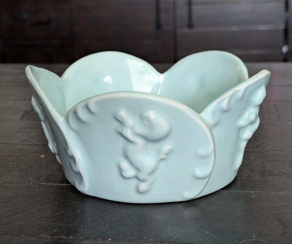 Walt Disney Vernon Kilns 1940 Fantasía #124 Sátiro Querubín Verde azulado Cuenco de cerámica Foto 2 de 4