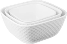 Le Regalo 3-Piece Stoneware Square Bowl Set – White Honeycomb Nesting Bowls