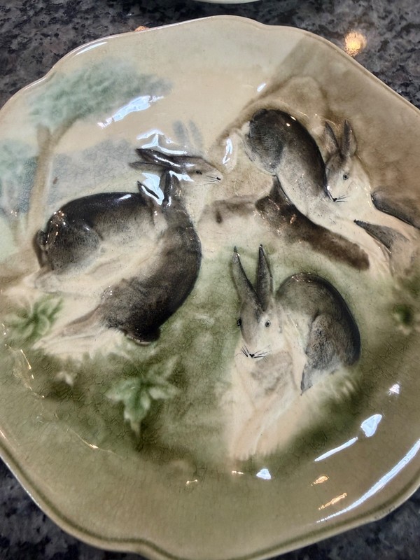 Antique Majolica Rabbit Plates Choisy le Roi France (as is)