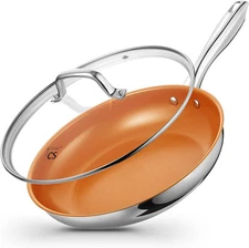 Stainless Steel Pan W/Lid Frying Pan Nonstick Copper Ceramic Coating Skillet-10"