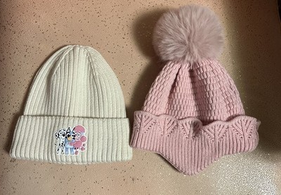 Lot of 2 Toddler Girls Warm Winter Knit Hats White Bluey and Pink Ava Olivia H&M
