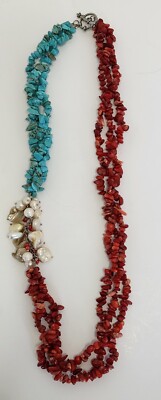 Rare Find Turquoise Italian Red Coral and Pearl Necklace One of A Kind Boho