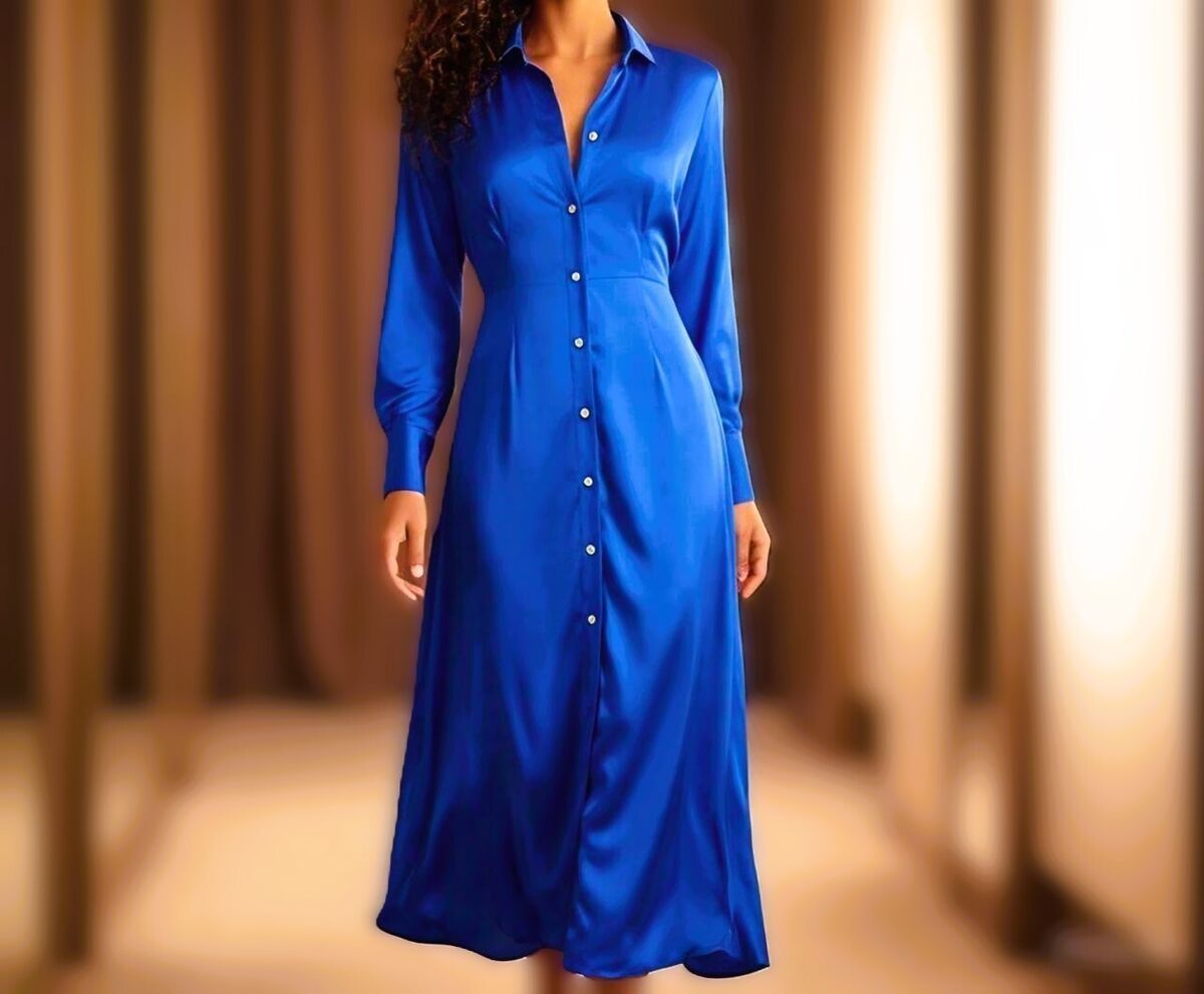 Women Satin Silk Collared Shirt Dress with Button-Up Front and Cuffed  Sleeves