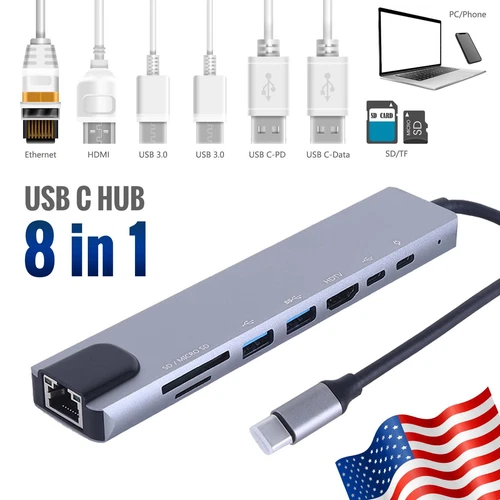 8 in 1 Multiport USB-C Hub Type C To USB 3.0 4K Adapter For Macbook Pro/Air US - Picture 1 of 9