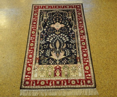 Handmade Area Rug 3x5 Most Intricate Silk Midnight Blue - Deep Red PIX-28786