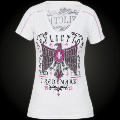 AFFLICTION Damen Tried Fate V-Ausschnitt T-Shirt weiß - Extra Small 30'' mit Etikett