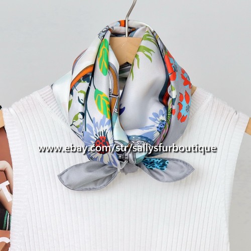 Sallys Boutique 14 Momme Twill Silk Wrap Scarf Flowers Print Square Shawl 35" - Picture 5 of 17