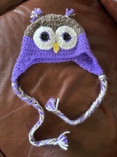 Brown Purple  White Hand Crocheted Kid OWL Hat Cap - 7 x 5 inches not including