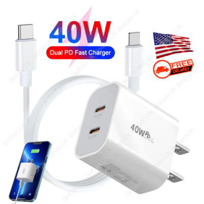 Dual Type C Fast 40W Wall Charger Adapter PD Cable For iPhone 14 13 12 11 XR 8 7