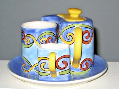 HERMAN DODGE & SON  5 Piece Tea Set For 1 Blue & Yellow Mid Century Modern NWT
