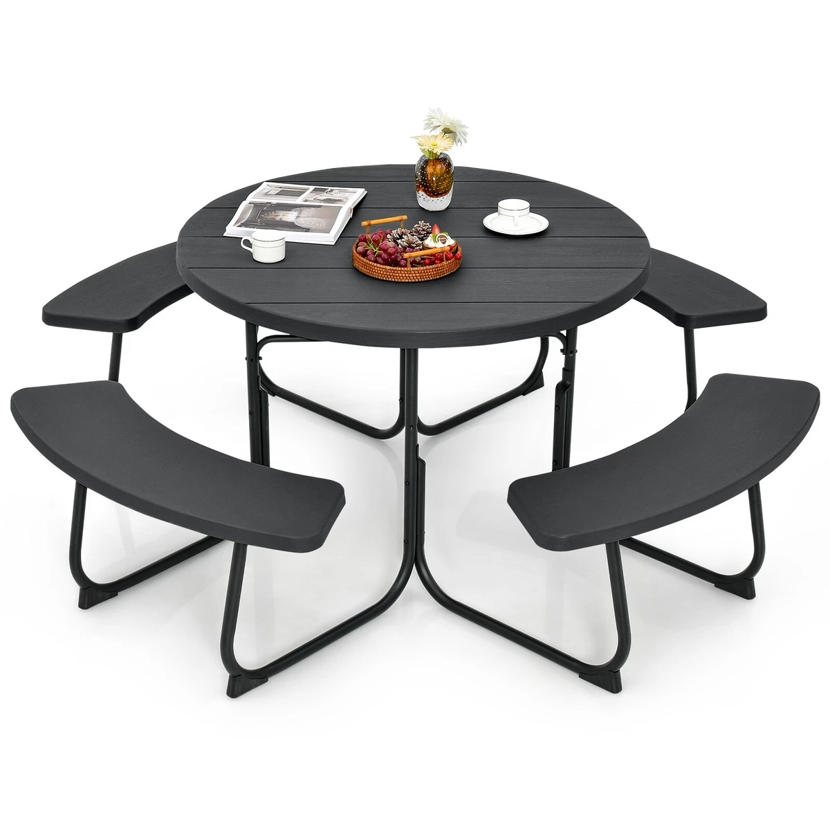 8 person Round Picnic Table Bench Set Outdoor Circular Picnic Table W 4 Benches