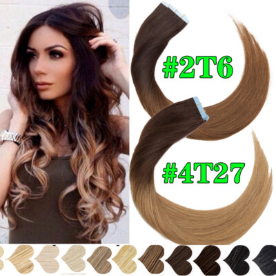 Invisible Tape In Remy Human Hair Extensions Skin Weft  Balayage/Ombre FULL HEAD