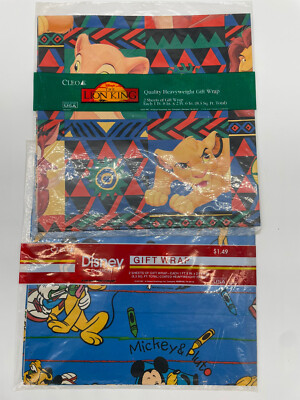 2 PACKS NOS Vintage 1990s THE LION KING Mickey Pluto GIFT WRAP 8.3Sq ft per pkg