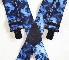 Mens Braces Heavy Duty 38mm 1.5" Smoke Flame Blue Biker Trousers Black Clips