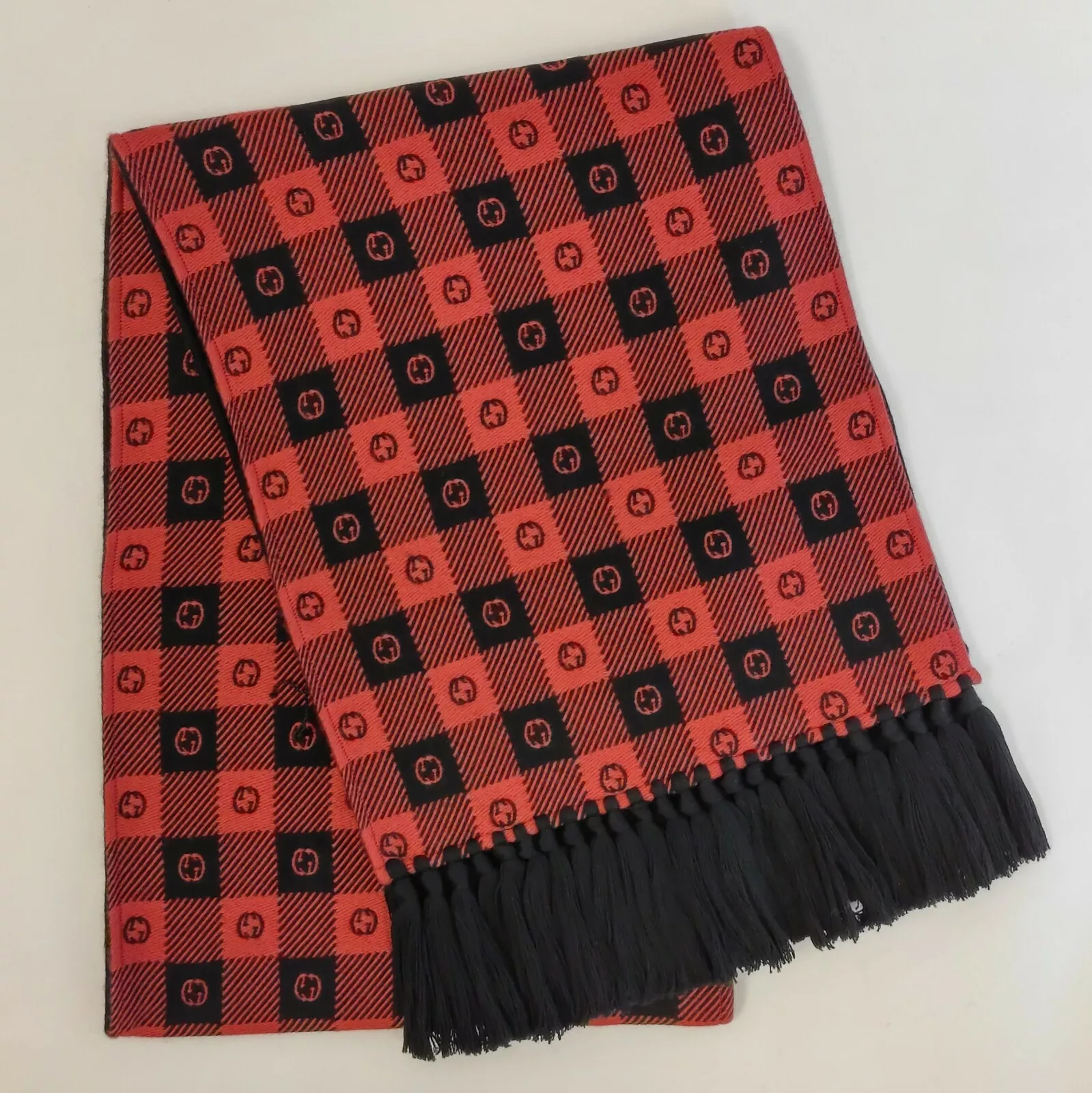 Nouvelle écharpe longue mélangée laine unisexe noire/rouge Gucci avec impression GG 633990 1074