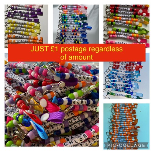 PERSONALISED BEADED KEYRINGS/BAG TAG/NAME/SCHOOL/TEACHER PARTY eBay