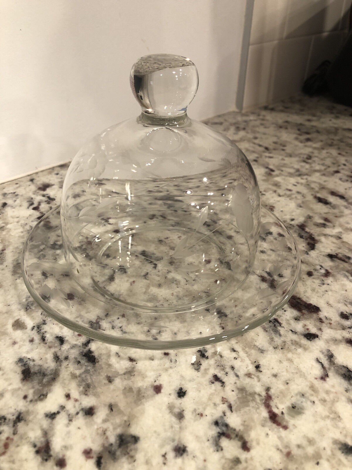 Princess House Elegant Etched Glass Butter Dish with Dome Lid  