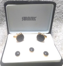 Swank Black Stone Gold Frame Cufflinks Shirt Button Stud Set W/Box Great Vintage