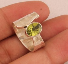 Hammered Natural Peridot Solid 925 Sterling Silver Ring Gifts Idea Women ring