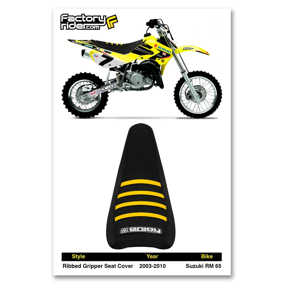 2003-2010 SUZUKI RM 65 Seat Cover Gripper Enjoy Mfg ALL BLACK / YELLOW RIBS #71 - Image 2 of 4
