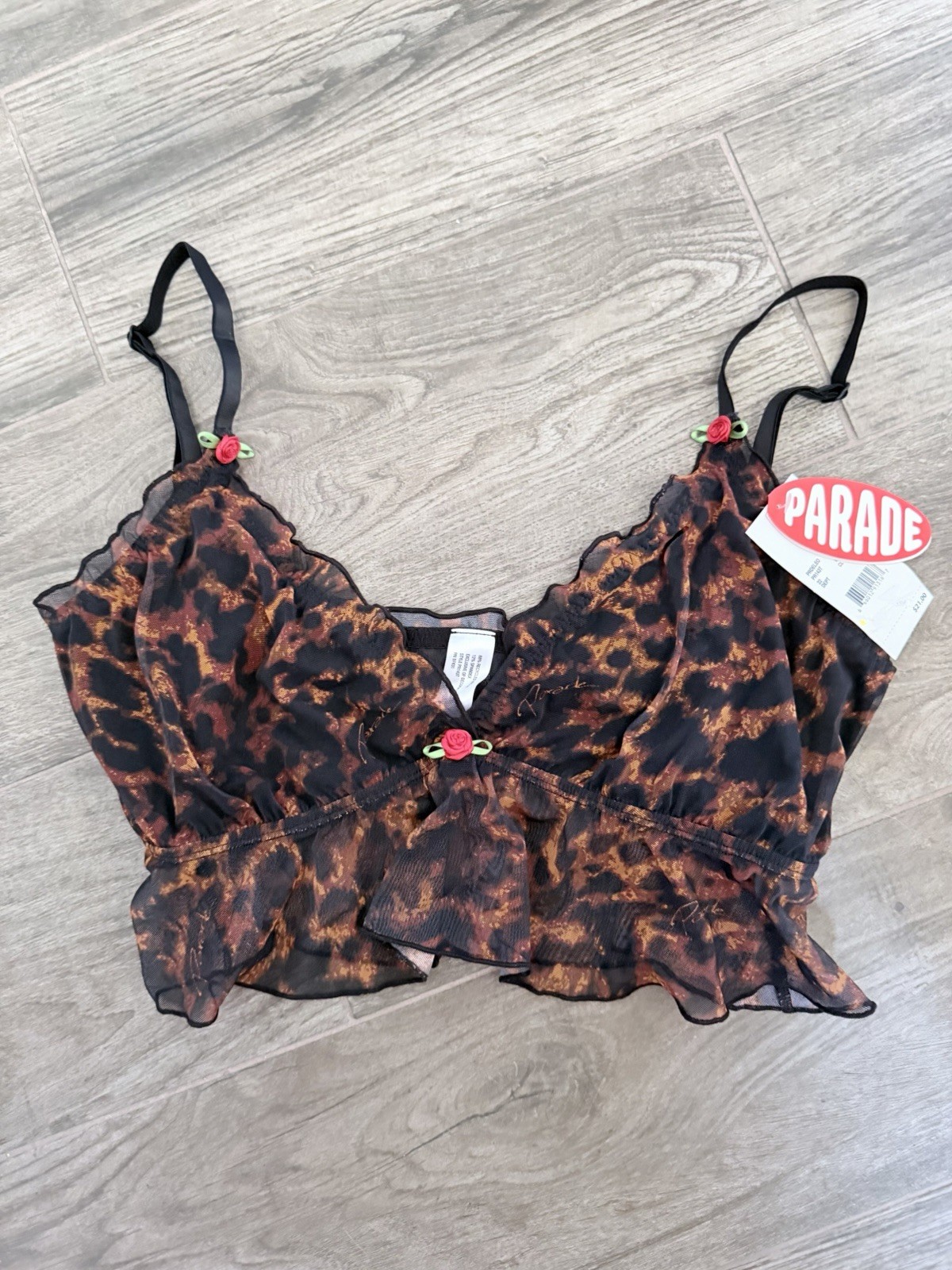 Parade Bralette Womens Medium Brown Animal Print Mesh Ruffle Sheer Bra Wireless-image