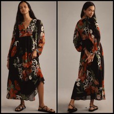 Farm Rio x Anthropologie Long-Sleeve V-Neck Black Floral Maxi Dress Size SMALL