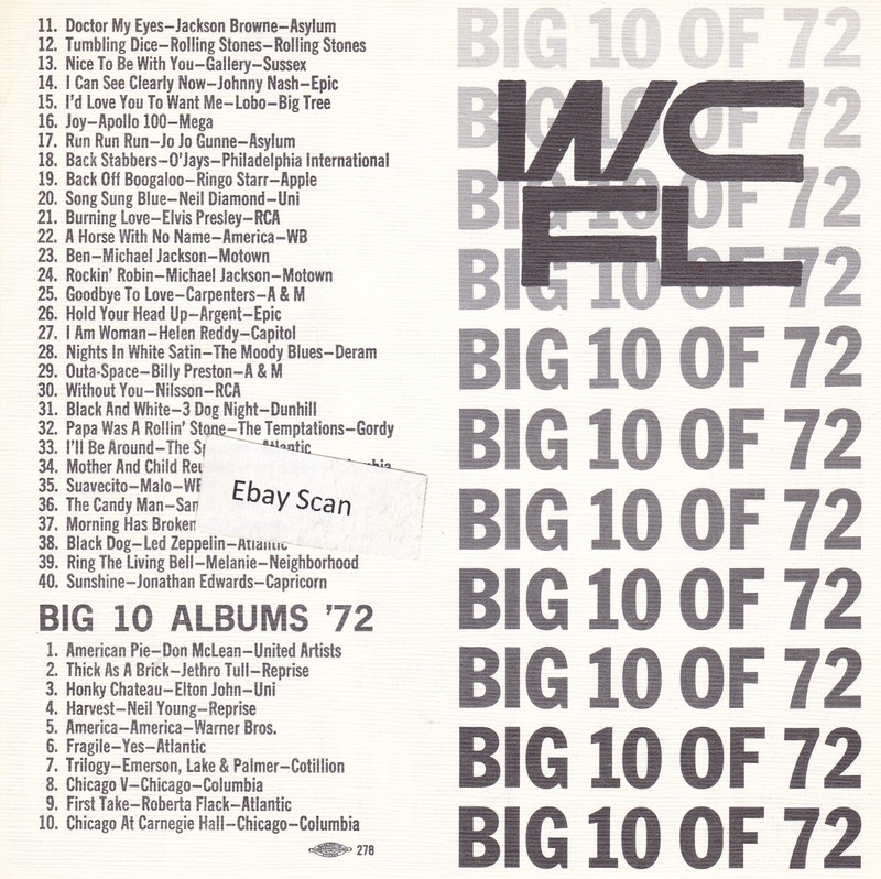 WCFL Chicago IL Top 40 Radio Music Survey 1972 Top 40 songs of the year