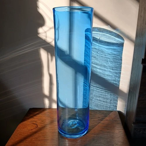 Vintage Blenko 14.5" Azure Blue Cylinder Blown Glass Vase 9538