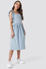 NA-KD Women's Dress Ruffle Denim Pinafore Dress, Blue, XL
