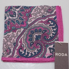 Roda NWT 100 Linen Pocket Square In Pink w/ Blue Light Blue Paisley