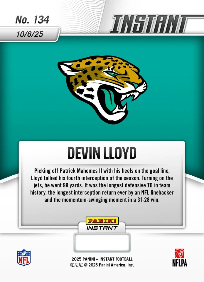 2025-26 Panini Instant NFL #134 Devin Lloyd Jacksonville Jaguars PRESALE - Image 2 of 2