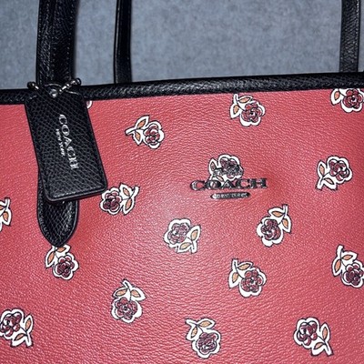 COACH Reversible City Tote Bag F57668 Floral Tea Rose Pink Black w