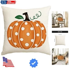 Fall Polka Dots Pumpkin Throw Pillow Cover 18x18 Inch, Seasonal Autumn Thanks...