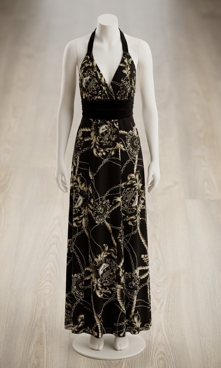 Vintage 90s Monaco maxi dress large open back halter brown gold chain old  money | eBay