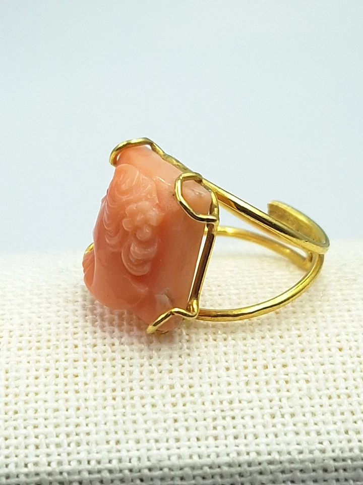 Anello Cameo vero corallo Antico ROSA Di Sardegna Argento 925 Oro Giallo 18 KT - Immagine 2 di 4