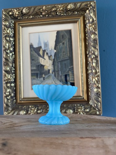 Antique Portieux Vallerysthal French Mini Pedestal Blue Opaline - Milk Glass - Picture 11 of 13