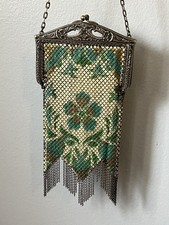Antique Mesh Purse Chain Handle Enamel Floral Design Art Nouveau Style Bag