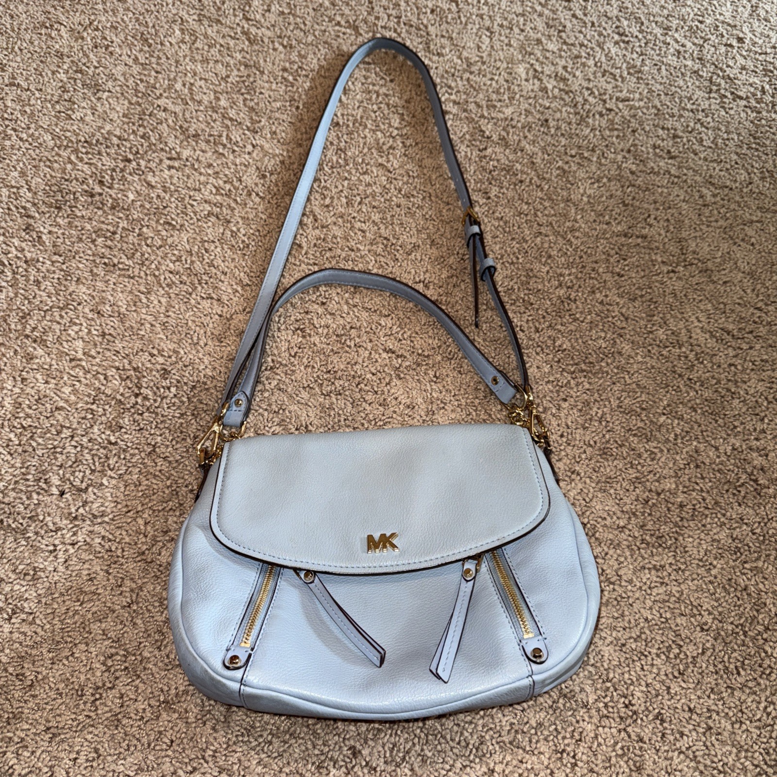Michael Kors Bedford Flap Crossbody Purse Light Blue Adjustable Strap Bag