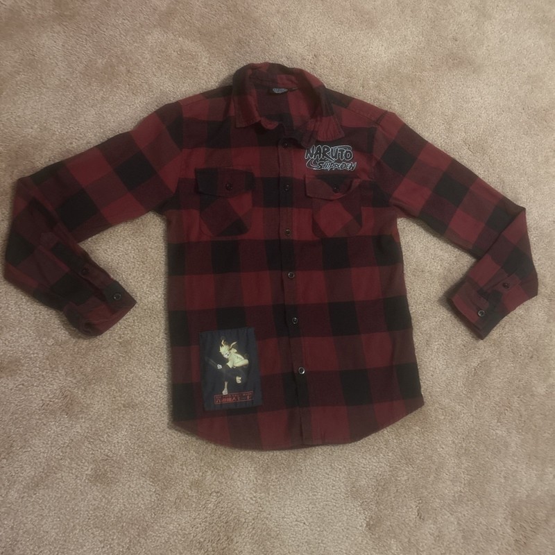 Naruto Shippuden Flannel Shirt Men Sz Small Red Plaid Button Long Sleeve Casual